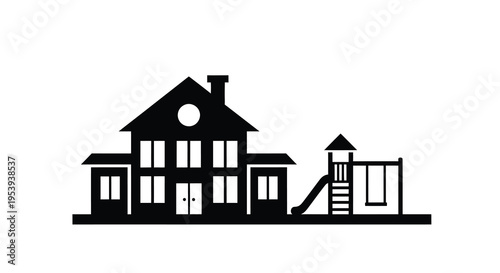 A simple black and white vector illustration depicts a house with a chimney and a nearby playset