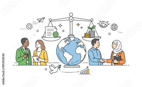 International governance and global policy coordination concept showing representatives from different regions collaborating to address worldwide challenges and create unified