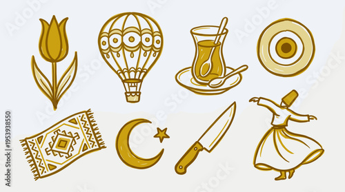 Set of Turkish cultural symbols and traditional elements in golden line art style
