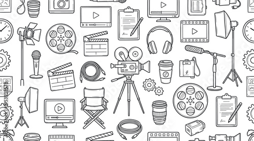 Film production studio and filmmaking process concept focused on behind-the-scenes work, content creation, and professional video production environment. Objects of movie camera,