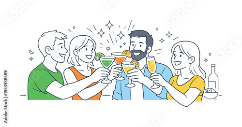 A festive lifestyle scene where a group celebrates a special moment together during a social event, expressed through a clear visual metaphor of raised cocktail glasses, star
