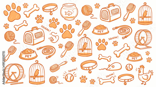 Hand drawn pet care icons set with animal supplies and accessories