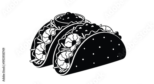 A black and white illustration depicts three delicious looking tacos stacked and partially cut open