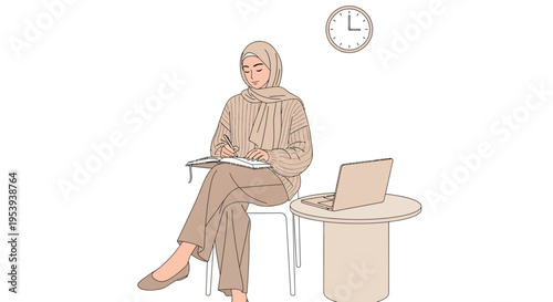 Muslim Woman Studying or Working in a Minimalist Office Setting