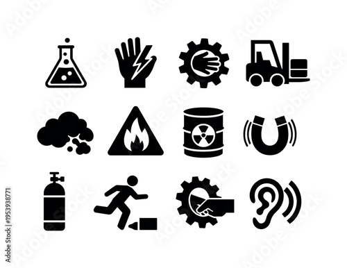 Industrial safety hazards: chemical hazard flask, electrical shock hand symbol, heavy machinery gear hazard, forklift danger symbol, gas leak cloud symbol, fire hazard flame