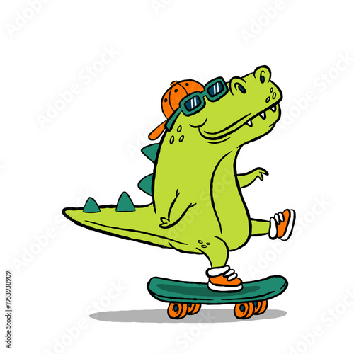 Cute dinosaur riding skateboard wearing cap and sunglasses. Fun cartoon dino character vector illustration isolated for kids, sport, and playful design.