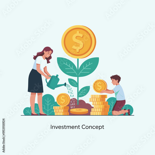 Growing money plant with coins and watering