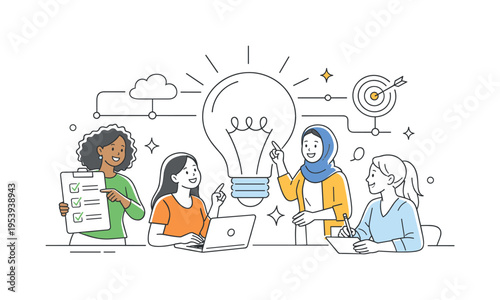 A multicultural group of women discussing ideas and building a shared project together in a collaborative environment, illustrated through a visual metaphor of a large light bulb