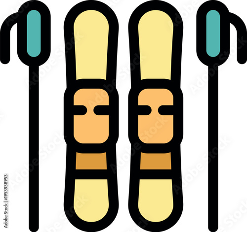 Skiing equipment featuring skis and poles, perfect for winter sports enthusiasts