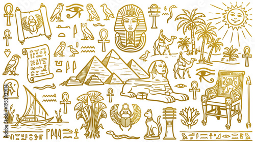 Ancient Egypt Symbols and Icons Collection Hand Drawn Gold Style