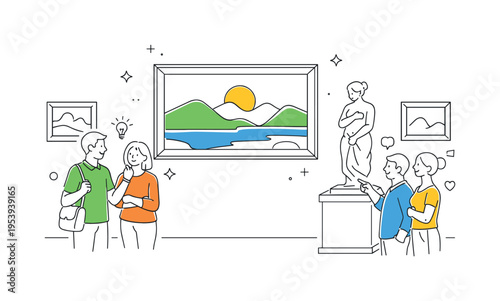 Art gallery museum visit scene where people walk through a quiet exhibition space observing framed artworks and discussing artistic ideas together, a large framed painting and a