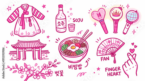 Korean Culture Elements Hand Drawn Doodle Set
