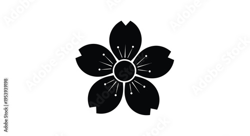 A minimalist black silhouette depicts a five petaled blossom resembling a cherry or plum flower