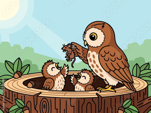 Mother owl feeding her babies a mouse in a tree stump.