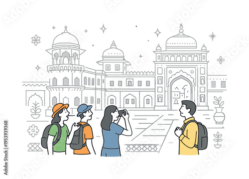Historic architecture appreciation moment where travelers explore a majestic Indian palace complex surrounded by traditional decorative elements and courtyards, a palace gateway
