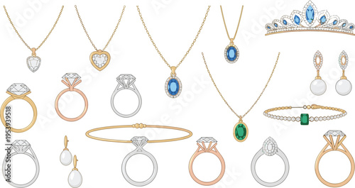 Luxury Jewelry Collection Icon Set Featuring Diamond Rings Gold Necklaces Earrings Bracelets Tiara and Elegant Fashion Accessories Vector Illustration