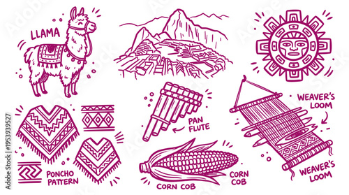 Hand drawn doodle set of Peruvian culture symbols and landmarks