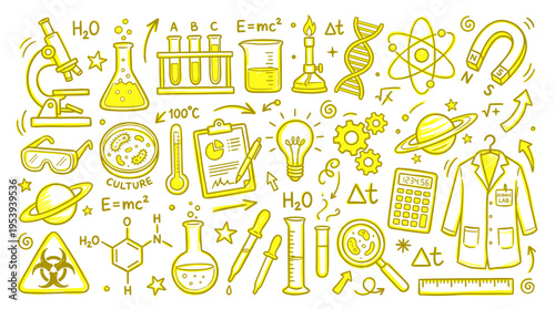 Science and laboratory doodle icons set with chemical equipment and educational symbols
