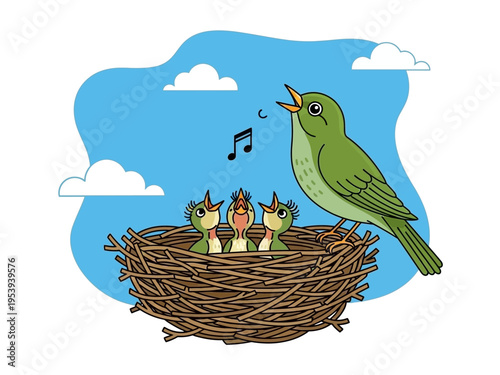 A mother bird singing to her three baby birds in a nest.