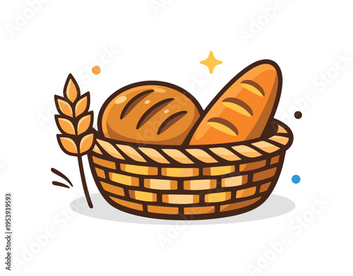 Artisan baking and small business food culture centered on freshly baked bread prepared daily in a cozy bakery environment, a woven bread basket holding two loaves beside a simple