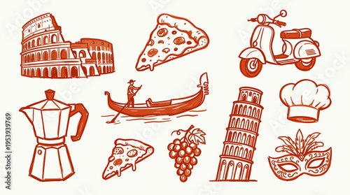 Hand drawn set of Italian travel icons and symbols