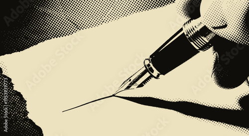Hand Writing with Fountain Pen on Paper Vintage Halftone Style Illustration