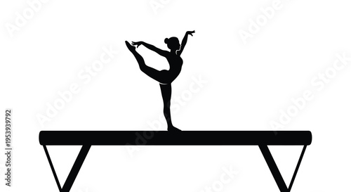 A silhouette of a female gymnast performing a balance beam routine with elegant poise