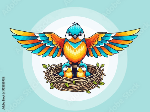 Mother bird protecting her chicks in a nest.