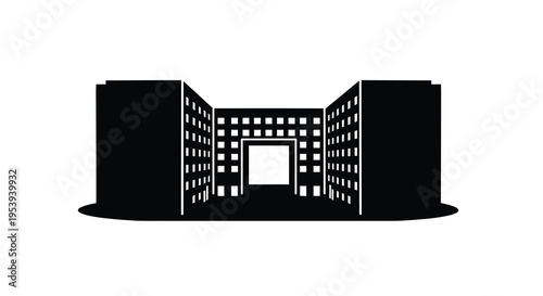 A stark black silhouette depicts a modern building with a central courtyard opening high quality