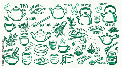 Hand drawn tea time elements collection with teapots cups and matcha accessories