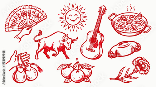 Spanish culture elements set with bull flamenco fan guitar paella and floral icons