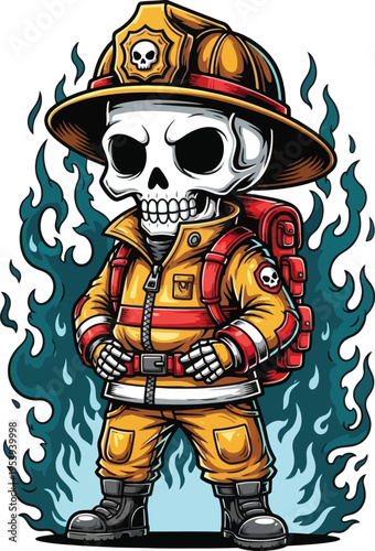 Cartoon skeleton firefighter in blue green flames.