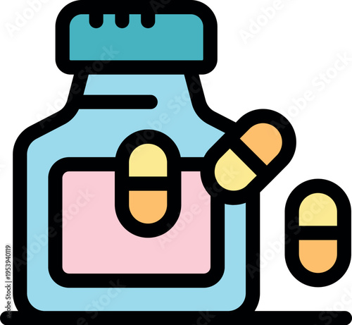 Colorful medicine bottle with capsules, representing healthcare, treatment, and pharmaceutical products