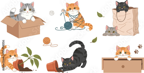 Cute playful cats with yarn, boxes and plants, adorable kittens scratching, hiding and playing indoors, cozy home cartoon vector illustration set