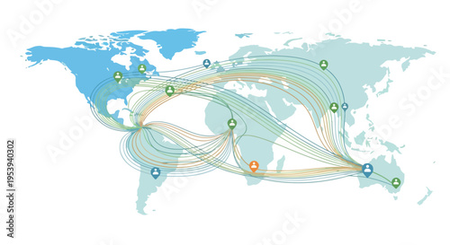 A world map with multiple connecting lines and dots on a white background, illustrating global connections and geopolitics.