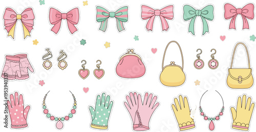 Cute pastel fashion accessories collection with ribbon bows handbags earrings necklaces gloves and skirt flat vector illustration set