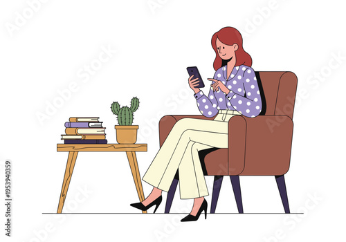 Woman sitting in armchair using smartphone at home