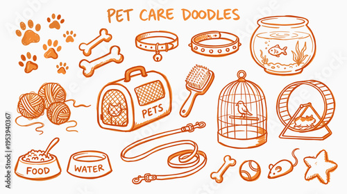 Hand drawn pet care doodle collection with accessories and animal supplies