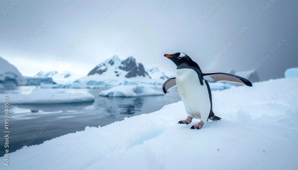 Fototapeta premium A lone Gentoo penguin stands on a snowy Antarctic slope with icebergs in the background.