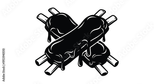 A graphic illustration depicts two black dripping chocolate covered ice cream bars crossed together