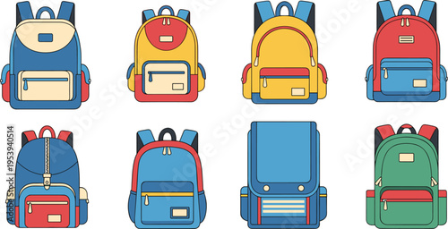 School Backpack Icon Set Featuring Student Bags in Various Colors with Zippers Pockets and Modern Education Accessories Vector Collection