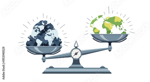 An illustration of a scale balancing two globes representing different states of the earth on a white background with a geopolitical theme.