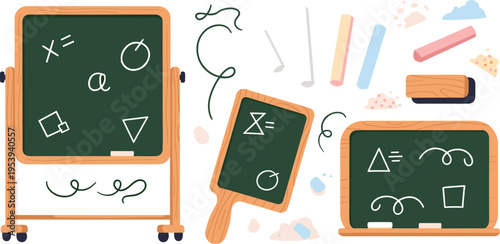 School Blackboard Teaching Illustration Set Featuring Chalkboard Math Symbols Chalk Pieces Eraser and Classroom Education Elements Vector Collection