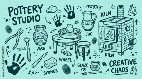 Pottery studio doodle set with ceramic tools and equipment