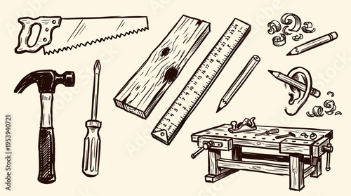 Hand drawn carpentry tools and woodworking equipment set