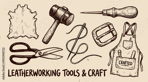 Leatherworking tools and craft set with hammer needle and apron