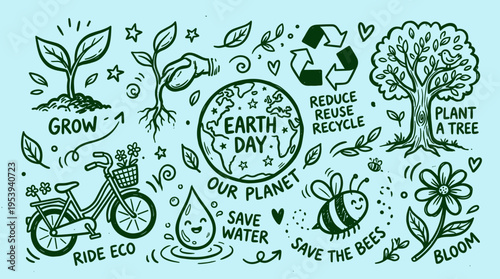 Earth Day doodle collection featuring eco friendly icons and environmental conservation concepts