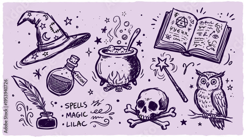 Hand drawn magic elements set with witch hat cauldron spellbook and owl on purple background
