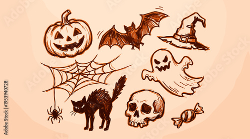 Hand drawn halloween elements collection with pumpkin bat witch hat spider web ghost cat skull