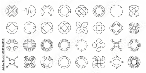 A collection of various geometric and abstract icons are displayed on a clean surface.